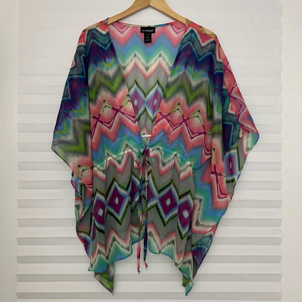 Lane Bryant Sheer Chiffon Kimono Cover Up Multi Color Chevron Geometric 14/16